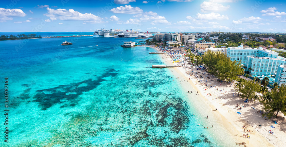 Aerial view of the beautiful Junkanoo beach at the Western Esplanade next to Nassau town, The Bahamas, Caribbean Islands