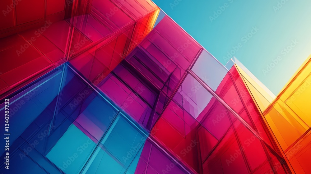 Fototapeta premium Abstract architectural design with colorful glass against a blue sky