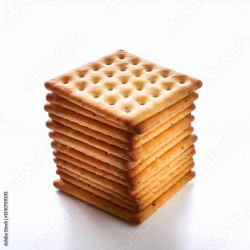 A Crisp Stack Of Square Crackers, Golden And Inviting, A Perfect Afternoon Snack Against A Bright White Background