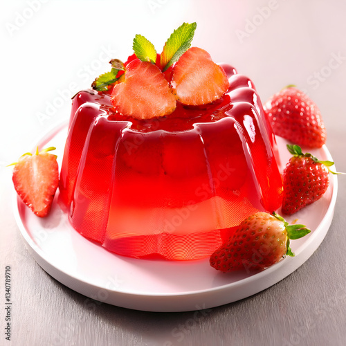 A Glistening Strawberry Jelly Mold, Adorned With Fresh Strawberries And Mint, Sits On A Pristine White Plate, A Delightful Summer Dessert