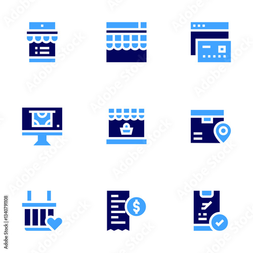 Ecommerce icon set. Bold style. Duotone colors. bill, location, online booking, shopping, online store, online shopping, online payment