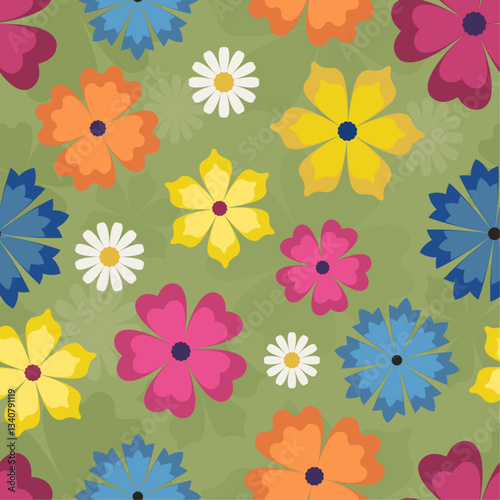 Vector seamless floral pattern background, green blue red oran colors.