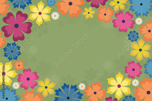 Greeting vector floral card in green blue red orange colors, summer background.