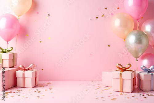 festive pink birthday party background, pastel pink surface, colorful balloons, scattered confetti, neatly arranged gift boxes with ribbons, soft and dreamy lighting, celebration scene, cheerful and e