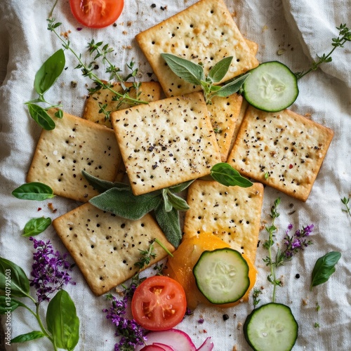 Savory Crackers with Fresh Herbs and Vegetables A Delicious Appetizer Featuring Cucumber Tomato and Radish Slices and Colorful Flowers Flat Lay