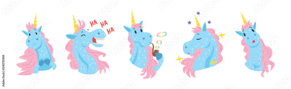 Fototapeta premium Funny Unicorn Character with Horn and Different Emotion Vector Set