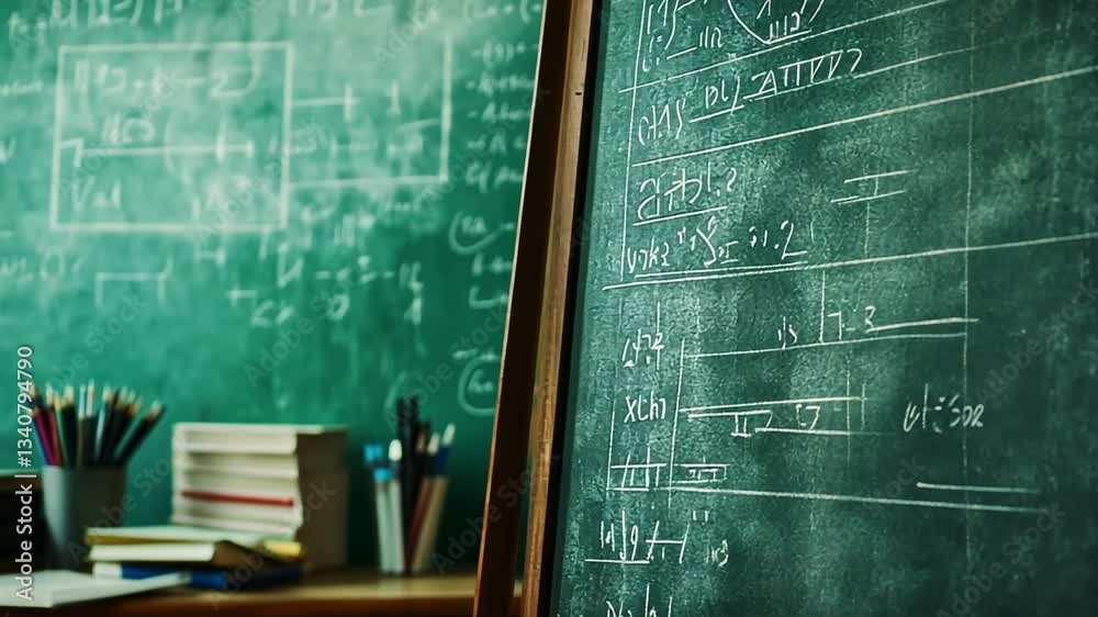 Classroom chalkboard full of equations and study materials concept