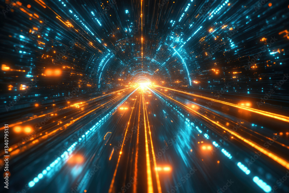 Naklejka premium Abstract digital tunnel with glowing orange and teal light streaks, representing high-speed data flow.