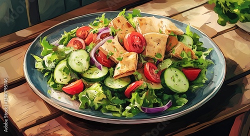 Fattoush Salad. Traditional Lebanese Dish with Fresh Vegetables and Pita Croutons on a Plate