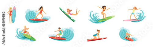 Man and Woman Surfer Ride Ocean Wave on Surfboard Vector Set