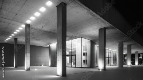 Contemporary Concrete Hall with Illuminated Windows, Abstract Architecture Highlighting Open Space