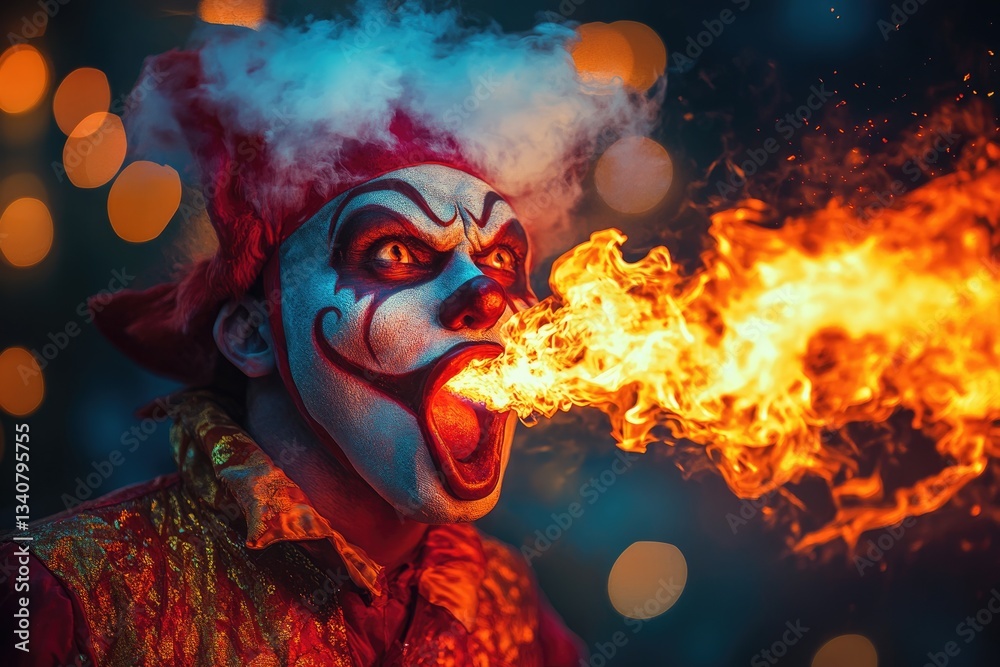 Obraz premium Fire Eater. Circus Clown Street Performer Shows Dangerous Fire Breathing Act