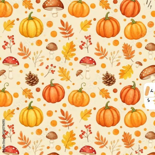 Seamless autumn pattern with pumpkins, mushrooms, and leaves celebrating fall harvest