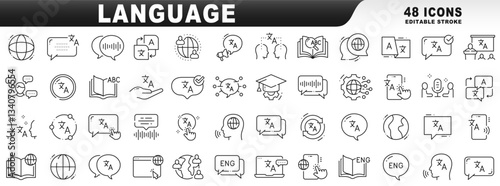 Big set of language related line icons. Editable stroke