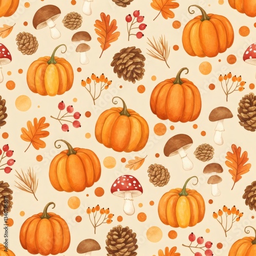 Pumpkins, mushrooms, and pine cones celebrating autumn in watercolor seamless pattern