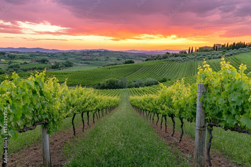 Naklejka premium Walking Through Vineyard Rows at Sunset with Dramatic Sky View