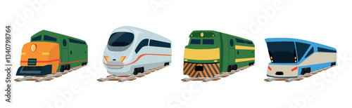 High Speed Train Vessel on Rail in Perspective View Vector Set