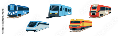 High Speed Train Vessel on Rail in Perspective View Vector Set