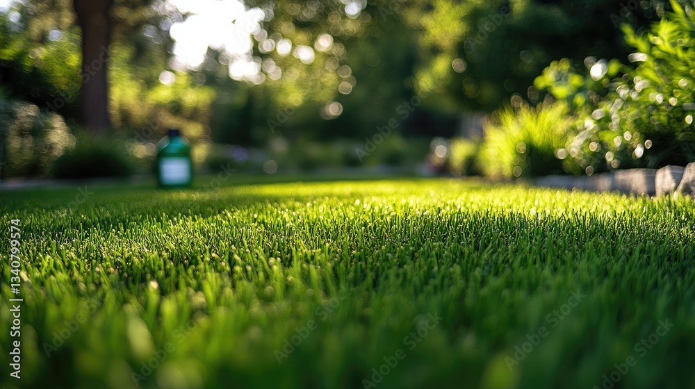 A green lawn with visible grass blades after fertilizing treatment, showing healthy, vibrant growth, and a fresh lawn care product bottle nearby. A green lawn with visible grass blades after fertilizing treatment, showing healthy, vibrant growth, and a fresh lawn care product bottle nearby.
