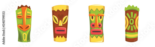 Tribal Mask Made of Wood with Carved Ornament Vector Set