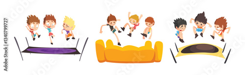 Boy Kid Jumping on Trampoline Bouncing and Having Fun Vector Set