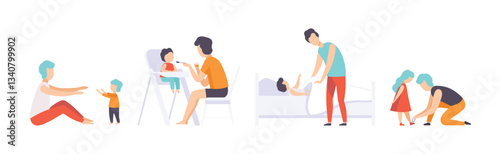 Dad Takes Care and Nursing His Little Kid Vector Set