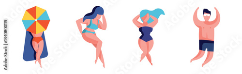 Man and Woman at Beach and Seashore Sunbathing Vector Set