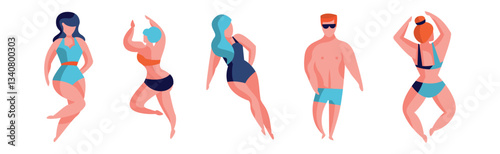 Man and Woman at Beach and Seashore Sunbathing Vector Set