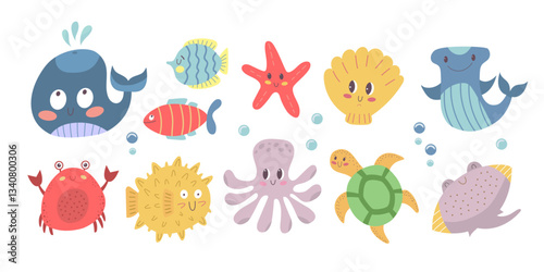 Cute marine life vector set with whale, turtle, fish, starfish, and octopus – perfect for children's illustrations, underwater designs, and ocean-themed prints. Vector illustration