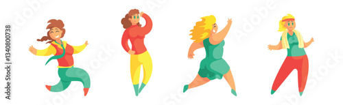 Cheerful Plus Size Woman Character in Different Pose Vector Set