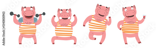 Pink Humanized Pig in Striped Shirt with Mustache in Different Action Vector Set