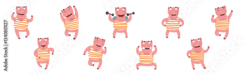 Pink Humanized Pig in Striped Shirt with Mustache in Different Action Vector Set