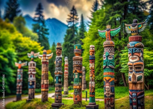 Stanley Park Totem Poles, Vancouver, BC - August 16, 2023: Tilt-Shift Miniature Photography