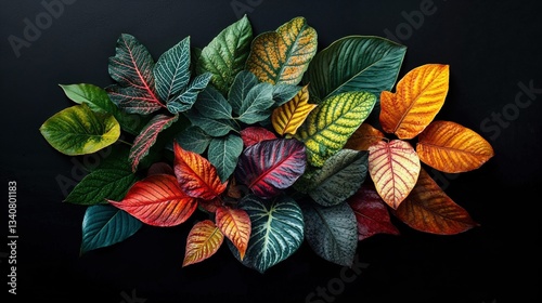 Vibrant foliage bursts against a stark black backdrop, showcasing diverse textures and rich hues. Nature's palette, a botanical symphony of color and form