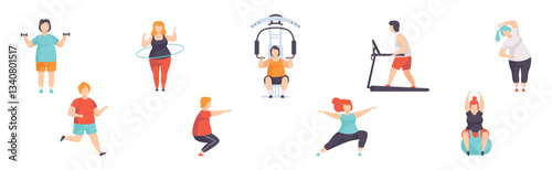 Obese People in Gym Do Sport and Fitness Exercise Vector Set