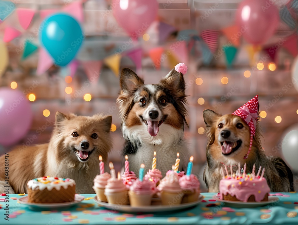 happy cats and dogs around birthday table, celebrating