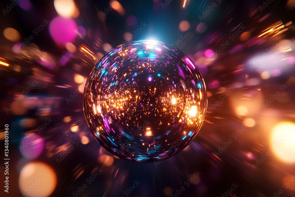 disco ball spins, casting vibrant reflections, a dazzling nightclub panorama of festive celebration