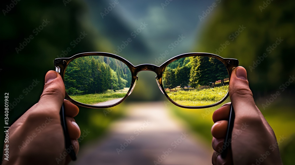 hand holding reading glasses at the glasses temples , perspective viewing through the glasses, nature background