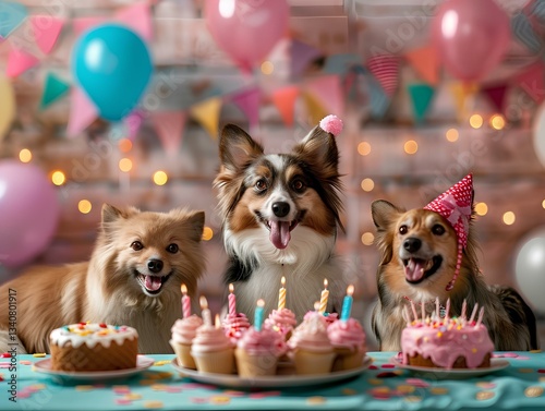 Obraz na płótnie happy cats and dogs around birthday table, celebrating w salonie