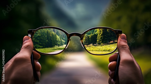 Obraz na płótnie hand holding reading glasses at the glasses temples , perspective viewing through the glasses, nature background w salonie