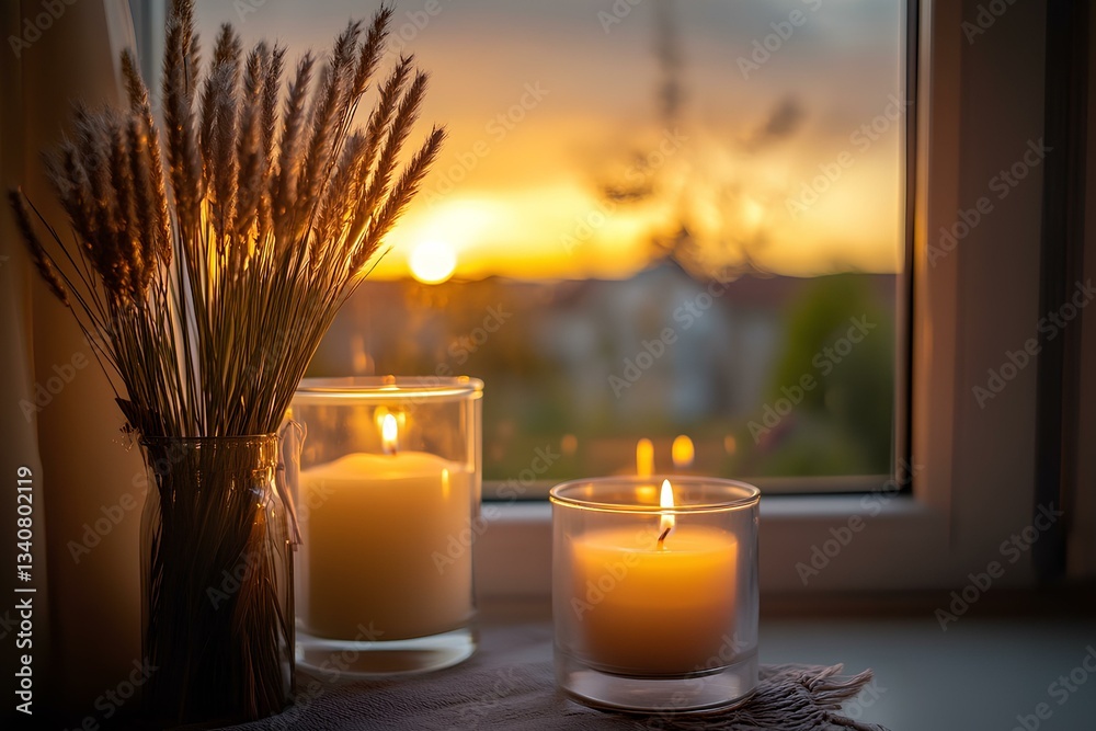 candle on a table infront of a window with nature outside evening.
