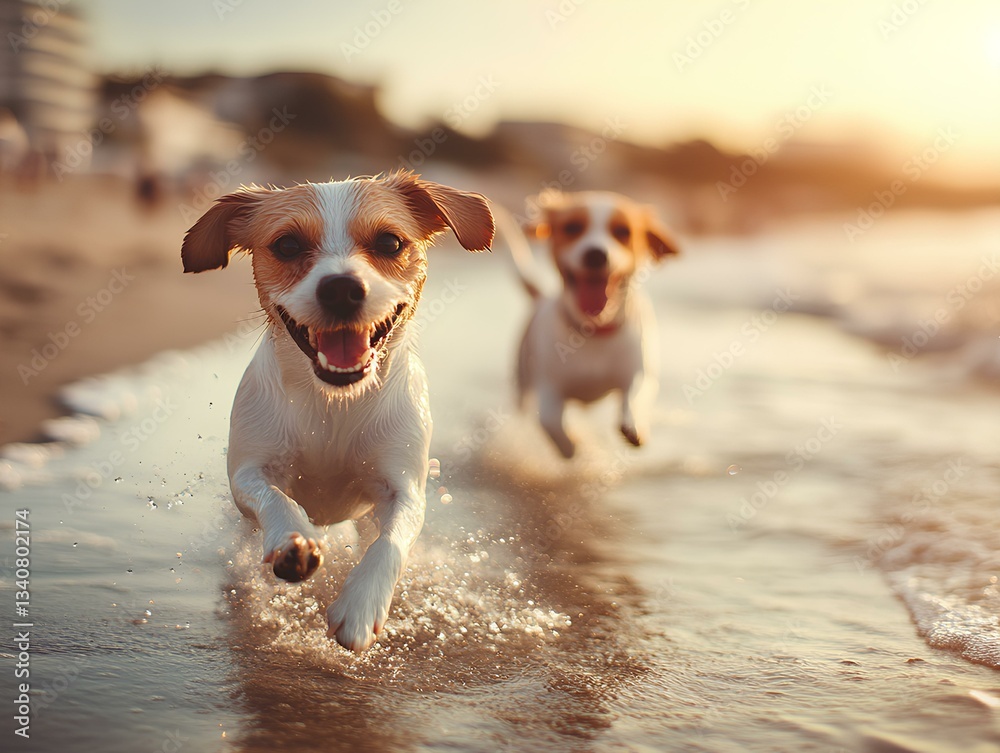 happy dogs playing at the beach in summer splashing in water, afternoon sun