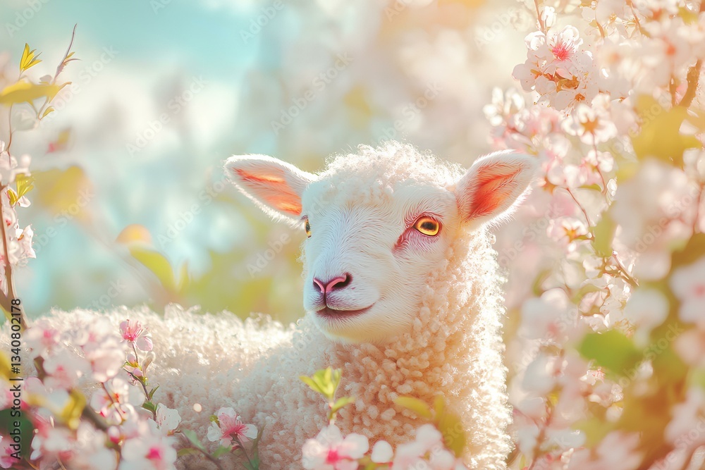 Spring blossoms bloom around a charming, lamb, a delightful Easter