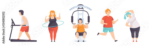 Obese People in Gym Do Sport and Fitness Exercise Vector Set