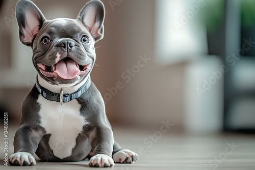 Obraz na płótnie french bulldog, sitting on the floor, looking at the camera, dog is happy w salonie