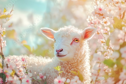 Obraz na płótnie Spring blossoms bloom around a charming, lamb, a delightful Easter w salonie