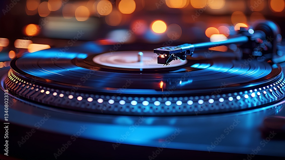 Close-up of an old turntable with a vinyl record, vintage style, warm tones, soft focus on the needle and base station, nostalgic atmosphere, retro aesthetic