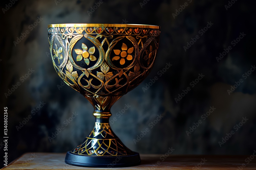 Gleaming Gold Trophy Cup on Wooden Table - Symbol of Achievement and Victory in Competition, Dark Background, Copy Space for Text.