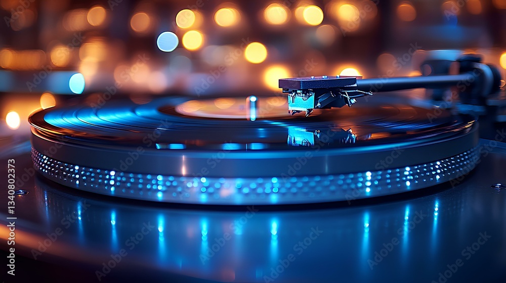 Close-up of an old turntable with a vinyl record, vintage style, warm tones, soft focus on the needle and base station, nostalgic atmosphere, retro aesthetic.
