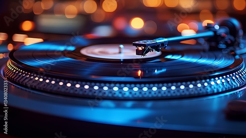 Obraz na płótnie Close-up of an old turntable with a vinyl record, vintage style, warm tones, soft focus on the needle and base station, nostalgic atmosphere, retro aesthetic w salonie
